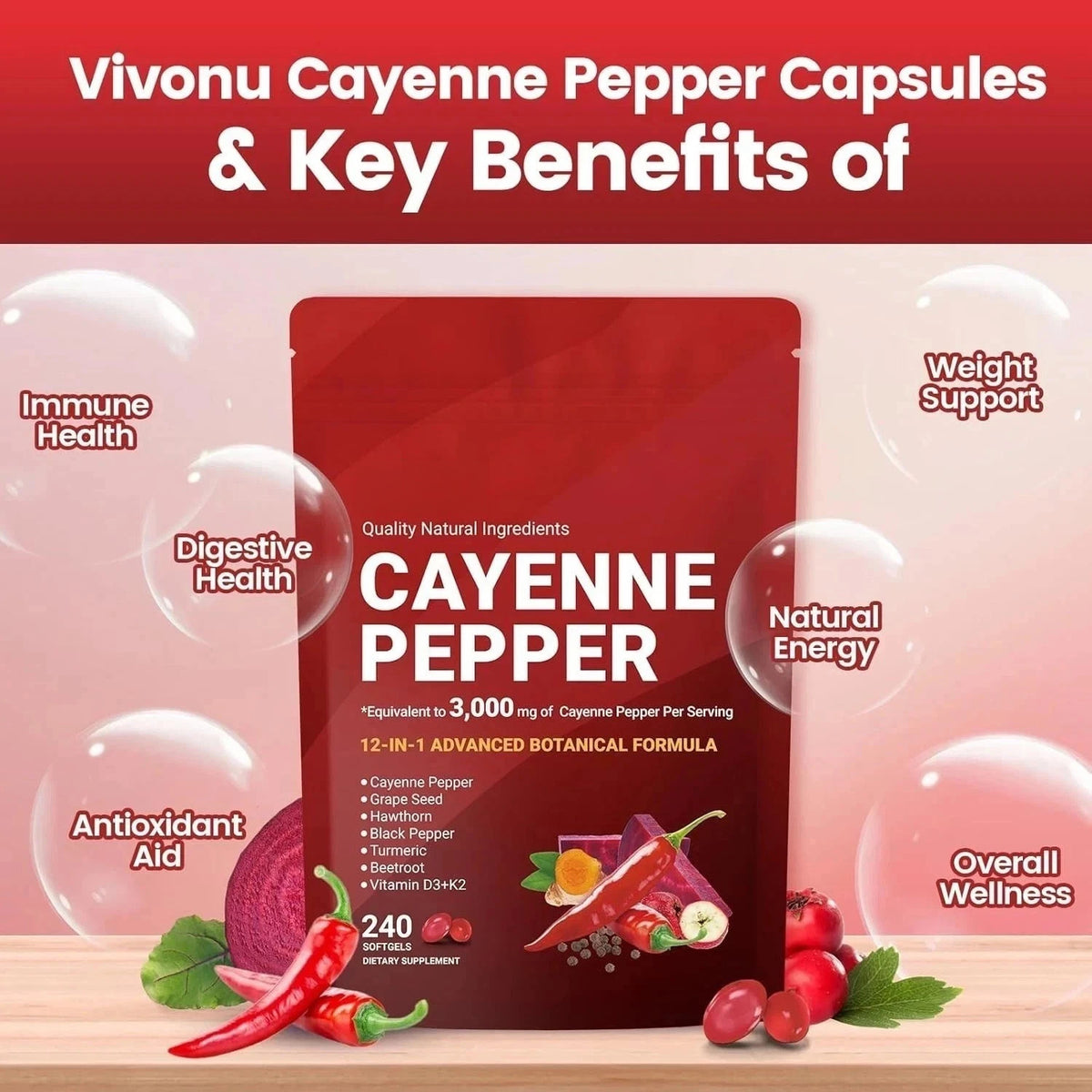 VivoNu Cayenne Pepper Softgels Supplement - 240 Capsules NEW FREE SHIP