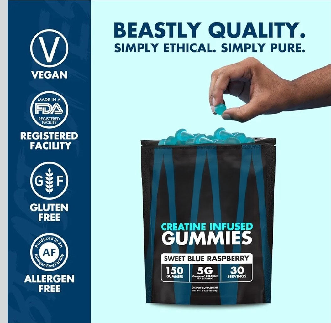 Vegan, FDA registered facility, gluten-free and allergen-free badges