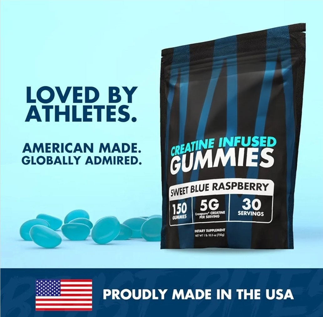 Pouch with the blue raspberry gummies spilling out