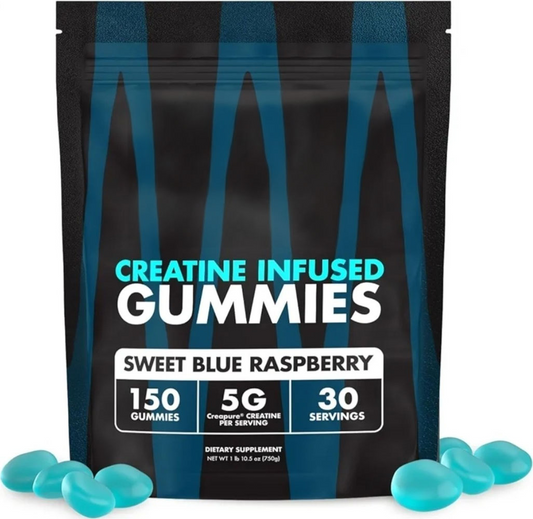 Creatine infused gummies pouch, sweet blue raspberry